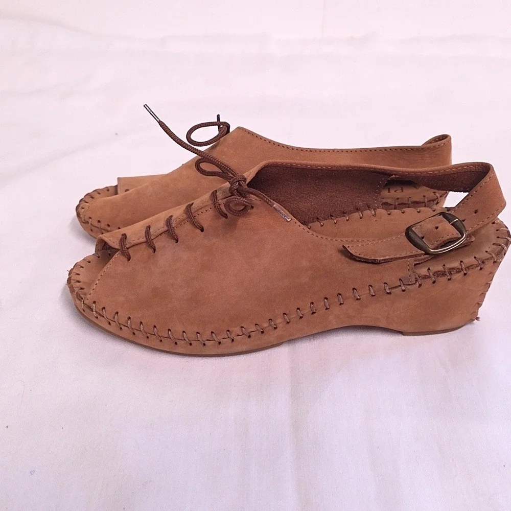 La Plume Wedge Sandals Womens 39 Tan Leather Lace Up Peep Toe Slingback Italy